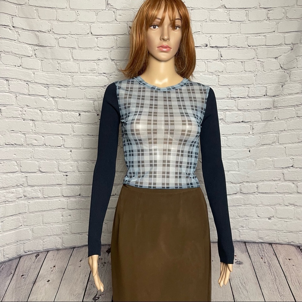 NWT New Zara Knit Sleeve Plaid Mesh Crop Top Size S